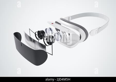 Virtual-Reality-Technologien-Konzept mit Komponenten des modernen VR-Headsets auf abstraktem weißem Hintergrund, Virtual-Reality-Konzept. 3D Rendern Stockfoto