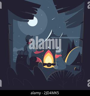 Ein Mann mit Hund sitzt am Feuer im Wald. Camping und Reise Vektor Illustration. Wunderschöne Mondlicht-Nachtlandschaft. Stock Vektor