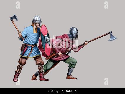 Angriff der Wikinger. Darstellung mittelalterlicher Ritter. Wikinger. Stockfoto