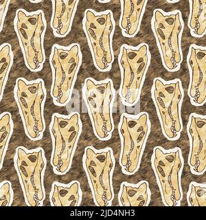 Braun handgezeichnete Spinosaurus fossile Knochen Dinosaurier nahtloses Muster. Geschlechtsspezifische neutrale jurassische Silhouette für die Babykrippe. Home Dekor für Museum Stockfoto
