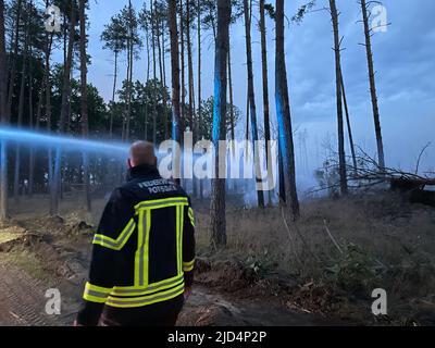 Treuenbrietzen, Deutschland. 17.. Juni 2022. Ein Feuerwehrmann steht auf einem Pfad, während er einen Waldbrand löscht. Feuerwehrleute kämpfen weiterhin in einem Waldstück in der Nähe der brandenburgischen Kleinstadt Treuenbrietzen gegen das Feuer. Laut Raimund Engel, dem Walschutzbeauftragten, werden die Arbeiten am Samstag fortgesetzt. Das Feuer war am Freitag ausgebrochen und hatte sich bis zum Abend auf etwa 60 Hektar ausgebreitet. Die Fläche entspricht 84 Fußballfeldern. Quelle: Christian Guttmann/dpa/Alamy Live News Stockfoto