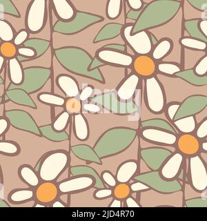 Nahtloses Vektor-Muster mit handgezeichneten Blumen auf hellgrauem Hintergrund. Einfache Gänseblümchen-Tapete Design Pastellfarben. Stock Vektor