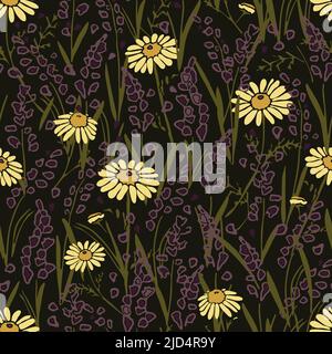 Nahtloses Vektor-Muster mit Lavendel und Gänseblümchen auf dunkelgrünem Hintergrund. Vintage Blumen Wiese Tapete Design. Stock Vektor