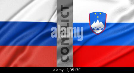 Konflikt Russland und Slowenien, Krieg zwischen Russland und Slowenien, Fabric Nationalflagge Russland und Flagge Slowenien, Krieg Krise Konzept. 3D Arbeit und 3D Bild Stockfoto