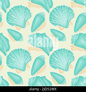 Muster Seashell handgezeichnete Doodle-Zeichnung, blauer und beiger Pastellton. Vektorgrafik Stock Vektor