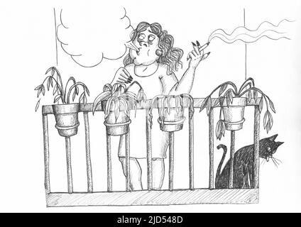 Frau raucht auf dem Balkon mit verdorrten Pflanzen und einer kranken Katze. Abbildung. Stockfoto