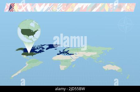 US-Mitglied der Nordatlantischen Allianz auf der Perspective World Map ausgewählt. Flaggen von 30 Mitgliedern der Allianz. Vektorgrafik. Stock Vektor