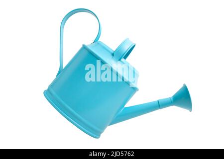 Stilvolle blaue Gießkanne isoliert und auf weißem Hintergrund geschnitten. Das Konzept eines Gartens und Hobby und Bewässerung von heimischen Pflanzen Stockfoto