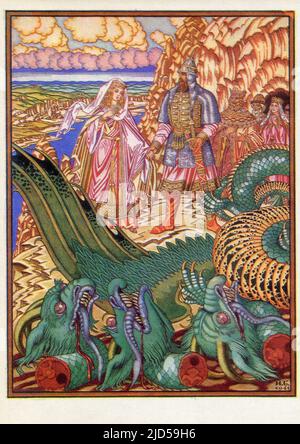 Alte Postkarte aus der UdSSR, 1970. Illustrationen von Ivan Jakowlewitsch Bilibin (russisch: Иван Яковлевич Билибин). Stockfoto