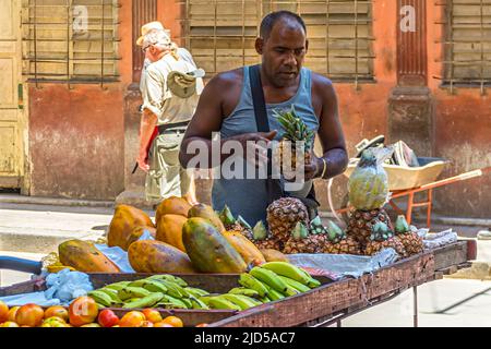 Ein Lebensmittelhändler, der Obst in der Altstadt von Havanna, Kuba, verkauft Stockfoto