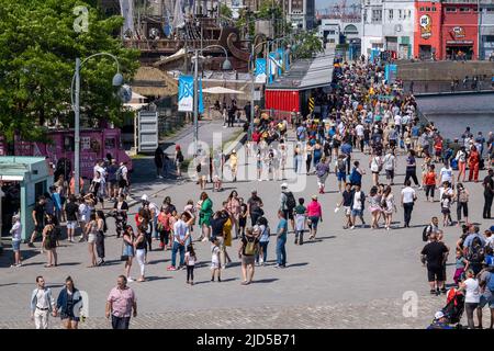 Montreal, CA - 11. Juni 2022: Sommerattraktionen und Geschäfte im alten Hafen von Montreal Stockfoto