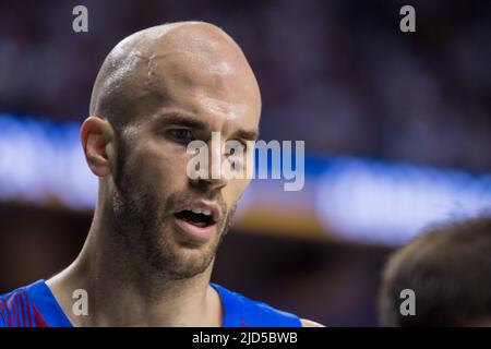 Madrid, Spanien. 17.. Juni 2022. Nick Calathes während der Liga Endesa Playoff 2022 Finalspiel 3 zwischen Real Madrid und dem FC Barcelona feierte im Wizink Center in Madrid (Spanien) am 17. 2022. Juni.Real Madrid gewann 81 - 66 (Foto von Juan Carlos García Mate/Pacific Press/Sipa USA) Kredit: SIPA USA/Alamy Live News Stockfoto