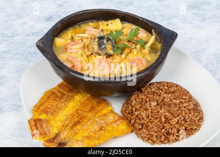 Gesundes Essen - Auflauf mit Meeresfrüchten; Foto auf neutralem Hintergrund. Stockfoto