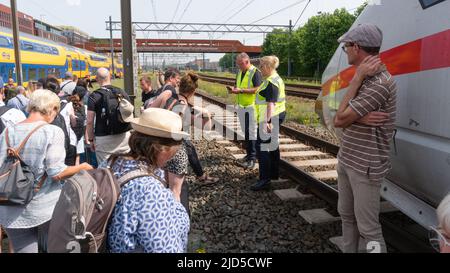 Hertogenbosch, Niederlande. 18 Juni 2022. Das Zugpersonal versucht, die Passagiere über den kaputten ICE-Zug (ICE 153) zu informieren, der zwischen den Gleisen auf den ankommenden NS-Zug wartet, der sie zurück zum nahegelegenen Bahnhof von 's Hertogenbosch bringt. Kredit: Steppeland/Alamy Live Nachrichten. Stockfoto