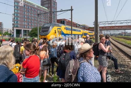 Hertogenbosch, Niederlande. 18 Juni 2022. Passagiere des kaputten ICE (ICE 153) warten zwischen den Gleisen auf den ankommenden NS-Zug, um die Türen zu öffnen und sie zurück zum nahegelegenen Bahnhof von 's Hertogenbosch zu bringen. Kredit: Steppeland/Alamy Live Nachrichten. Stockfoto