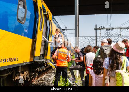 Hertogenbosch, Niederlande. 18 Juni 2022. Mama und Baby betreten den Ersatzzug über eine angeschlossene Leiter, unterstützt von anderen Passagieren und Pro Rail-Mitarbeitern. Kredit: Steppeland/Alamy Live Nachrichten. Stockfoto