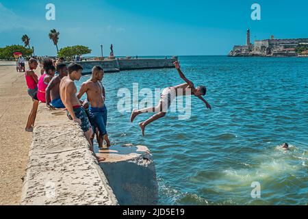 Jugendliche springen von einer Mauer ins Wasser auf dem Malecon in Havanna, Kuba mit der berühmten Festung El Morro im Hintergrund Stockfoto