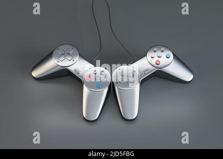 Gaming- und Partner-Entertainment-Konzept mit zwei silbernen modernen Joysticks auf abstrakt grauem Hintergrund. 3D Rendern Stockfoto