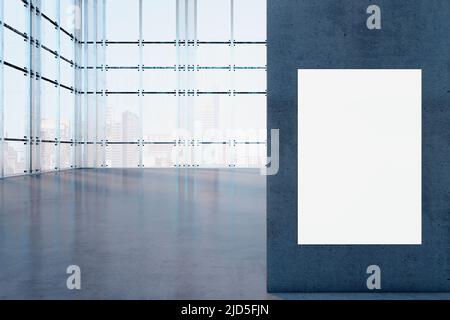 Blanke weiße Poster auf dunklen Steinwänden in leerer geräumiger Halle zur Präsentation mit Glaswänden im Industriestil und Betonboden. 3D Rendering, Mock Stockfoto