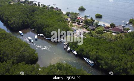 Luftaufnahme des Mangrovenwaldes auf Junggut Batu, Nusa Lembongan. Dort gibt es mehrere Fischerhäuser. Weißer Sandstrand mit unberührten Stockfoto