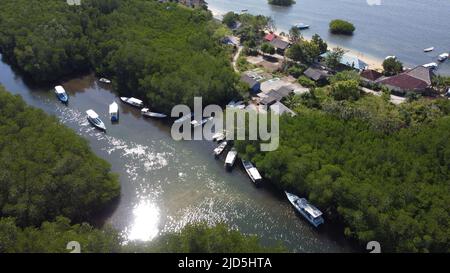 Luftaufnahme des Mangrovenwaldes auf Junggut Batu, Nusa Lembongan. Dort gibt es mehrere Fischerhäuser. Weißer Sandstrand mit unberührten Stockfoto