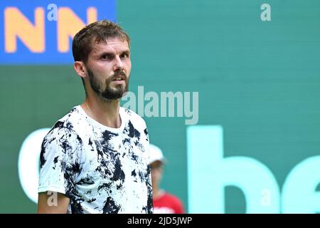 18. Juni 2022, Nordrhein-Westfalen, Halle (westfalen): Tennis: ATP Tour - Halle/Westfalen, Deutschland, Einzel, Männer, Halbfinale Daniil Medvedev - Oscar Otte (Köln): Oscar Otte reagiert während des Spiels. Foto: David Inderlied/dpa Stockfoto