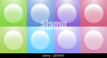 Satz von Abzeichen Kreise glänzend Glas Transparenz mit Halbton-Effekt isoliert mehrfarbigen Hintergrund. Vektorgrafik Stock Vektor