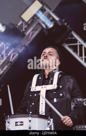 Dario Faini, bekannt als Dardust, tritt auf der Bühne des Konzerts Primo Maggio in Rom auf. Stockfoto