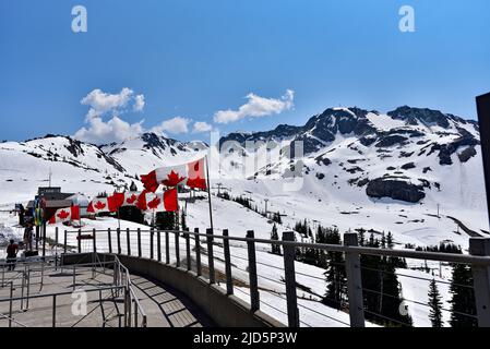 WHISTLER, BC, KANADA, 30. MAI 2019: Die kanadischen Flaggen auf dem Gipfel des Blackcomb-Berges in Whistler Village. Whistler ist ein kanadischer Urlaubsort Stockfoto