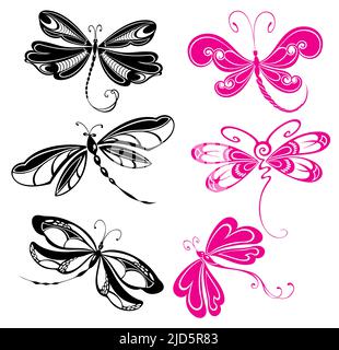 Set aus stilisierten Libellen. Sammlung von linear fliegenden Libellen. Vektordarstellung von auf weißem Hintergrund. Stock Vektor