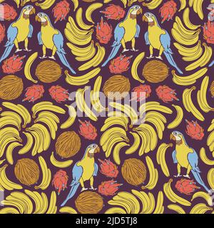 Vektor nahtloses Muster mit handgezeichneter Ara und exotischen Früchten. Design mit Papageien, Bananen, Drachenfrüchten und Kokosnüssen. Stock Vektor