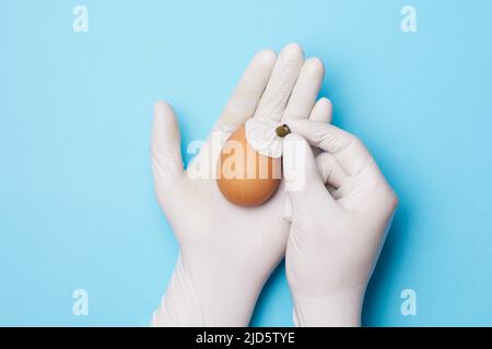 Flatlay. Hände in weißen medizinischen Handschuhen mit Ei mit Eisbeutel auf blauem Hintergrund. Pflegekonzept Stockfoto