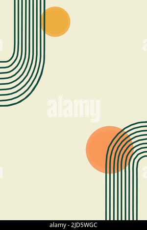 Set mit modernen Wanddrucken aus der Mitte des Jahrhunderts, Hintergründe im Retro-Stil aus der Vintage-Farbpalette von 1950s. Kreise und Linien auf hellgelbem Hintergrund. Stockfoto
