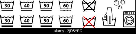 Symbolsatz der Waschsymbole und der Waschmaschine. Bearbeitbarer Vektor. Stock Vektor