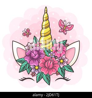 Schönes, goldenes Einhornhorn mit Blumen. Vektorgrafik. Stock Vektor