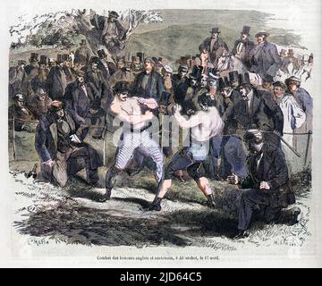 Tom Sayers steht im berühmtesten Preiskampf des 19. Jahrhunderts auf John Heenan. Es endete schließlich als Unentschieden (17. April 1860). Kolorierte Version von : 10001005 Datum: 1860 Stockfoto