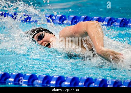 BUDAPEST, UNGARN - 18. JUNI: Tessa Giele aus den Niederlanden nimmt am 18. Juni 2022 in Budapest, Ungarn, am 4 x 100 m Freistil-Staffelfinale der Frauen während der FINA-Schwimmweltmeisterschaften in der Duna Arena Teil (Foto: Nikola Krstic/Orange Picles) Stockfoto