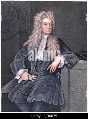 Sir Isaac Newton (1642 - 1727), englischer Mathematiker, Physiker, Astronom, Naturphilosoph, Alchemist, Theologe und Okkultist. Kolorierte Version von : 10005732 Datum: 1690s Stockfoto
