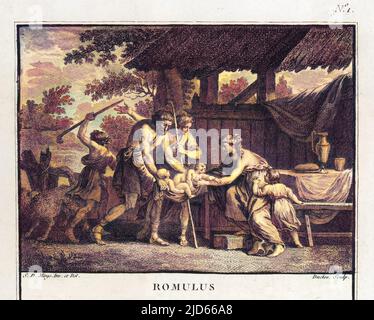 Romulus und Remus werden gefunden, nachdem sie von einer Wölfin betreut wurden. Romulus geht weiter, um die Stadt Rom zu gründen. Kolorierte Version von : 10006535 Datum: Ca. 780 v. Chr. Stockfoto