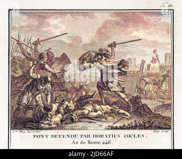 Publius Horatius Cocles, ein Offizier der römischen Republik, verteidigt zusammen mit zwei Gefährten, Spurius Larcius und Titus Herminius, die Tiberbrücke (der Pons Sublicius) gegen den etruskischen Feind. Er kämpft schließlich allein und schwimmt in Sicherheit, wenn (seinen Anweisungen folgend) die Brücke zerstört wird. Die Geschichte wurde später in einem erzählerischen Gedicht von Lord Macaulay bekannt erzählt. Kolorierte Version von : 10006557 Datum: 505-506 v. Chr. Stockfoto