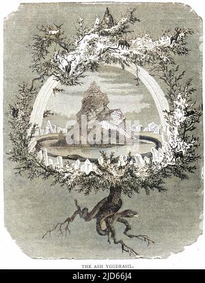 Yggdrasil (Yggdrasill), die heilige Asche, der Baum des Lebens, der weltliche Baum der nordischen Mythologie, dessen Zweige das Universum überhängen. Kolorierte Version von : 10007712 Datum: 1886 Stockfoto