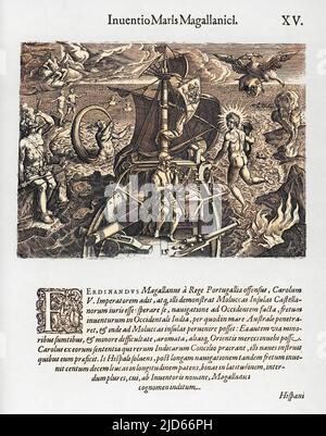 Ferdinand Magellan (1480-1521), portugiesischer Navigator, allegorisch während seiner Reise nach Südamerika dargestellt. Kolorierte Version von : 10010843 Datum: 1480 - 1521 Stockfoto