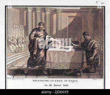 PUNISCHE KRIEGE Cato wirft frische Feigen auf den Senatstisch, um zu zeigen, dass Karthago immer noch eine Bedrohung für die römische Souveränität ist; er fordert seine Zerstörung Colorized Version von : 10011686 Datum: 150 v. Chr. Stockfoto