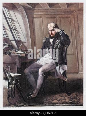 Lord Horatio Nelson (1758 - 1805), der in seiner Hütte nachdenklich vor einer Schlacht aussehe. Kolorierte Version von : 10018550 Stockfoto