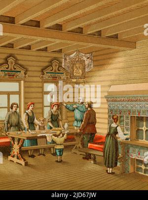 Izba. Traditionelle russische Bauernwohnung, aus Holz gebaut. Der Innenraum einer Izba. Chromolithographie. 'Historia Universal' (Universal History), von César Cantú. Band VII. Veröffentlicht in Barcelona, 1886. Stockfoto