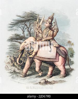 Indra, König der hindu-Götter in einer frühen Sammlung von Hymnen, dem Rig Veda. Er hatte Autorität über dem Himmel; er konnte Wolken auseinander mit Gewittern reißen, um Regen zu bilden. Kolorierte Version von : 10024899 Stockfoto