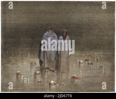 Virgil und Dante, gut eingepackt gegen die Kälte, betrachten die unglücklichen Verdammten bis zum Hals in der ICE Colorized Version von : 10024665 Datum: 1307 Stockfoto