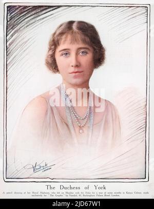 ELIZABETH, EHEFRAU VON GEORGE VI Ein Foto, das mit Buntstift überarbeitet/retuschiert wurde; aufgenommen kurz bevor sie mit dem Duke für eine mehrmonatige Tournee in Kenia auftrat Colorized Version von : 10033551 Datum: 1900 - 2002 Stockfoto