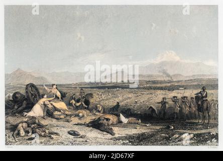 Nach der Schlacht : Königliche Soldaten wischen die Überreste der Truppen des Prätenders auf Drummossie Moor : die wilden Repressalien brachten Cumberland das Beinamen der 'Butcher' Colorized Version von : 10042598 ein Datum: 16. April 1746 Stockfoto