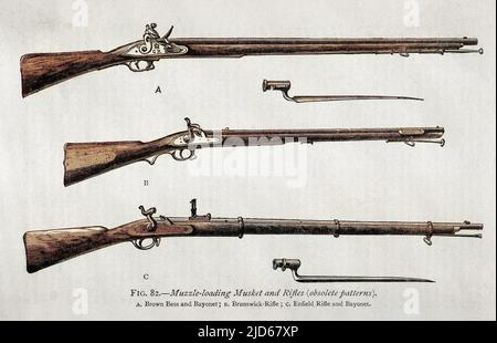 Mündungsladungsmuskulatur und Gewehre A. Brown Bess & Bajonett B. Brunswick Gewehr C. Enfield Gewehr & Bajonett Farbige Version von : 10039569 Datum: Ca. 1800 Stockfoto